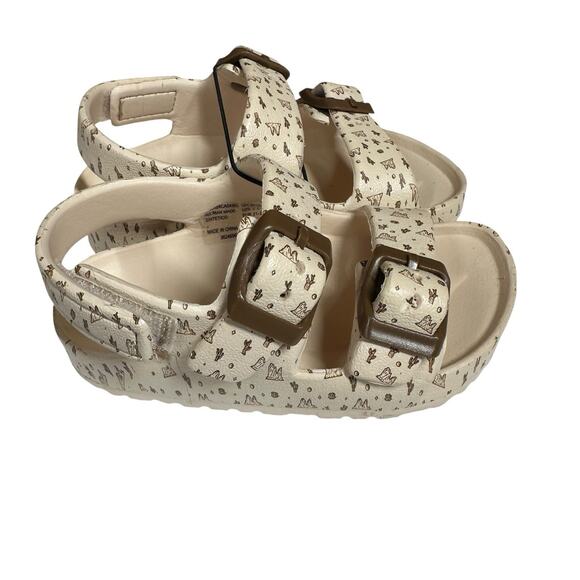 Toddler Double Buckle Sandals Adjustable Cactus Print Tan Brown Back Strap 5-6 - Picture 1 of 9
